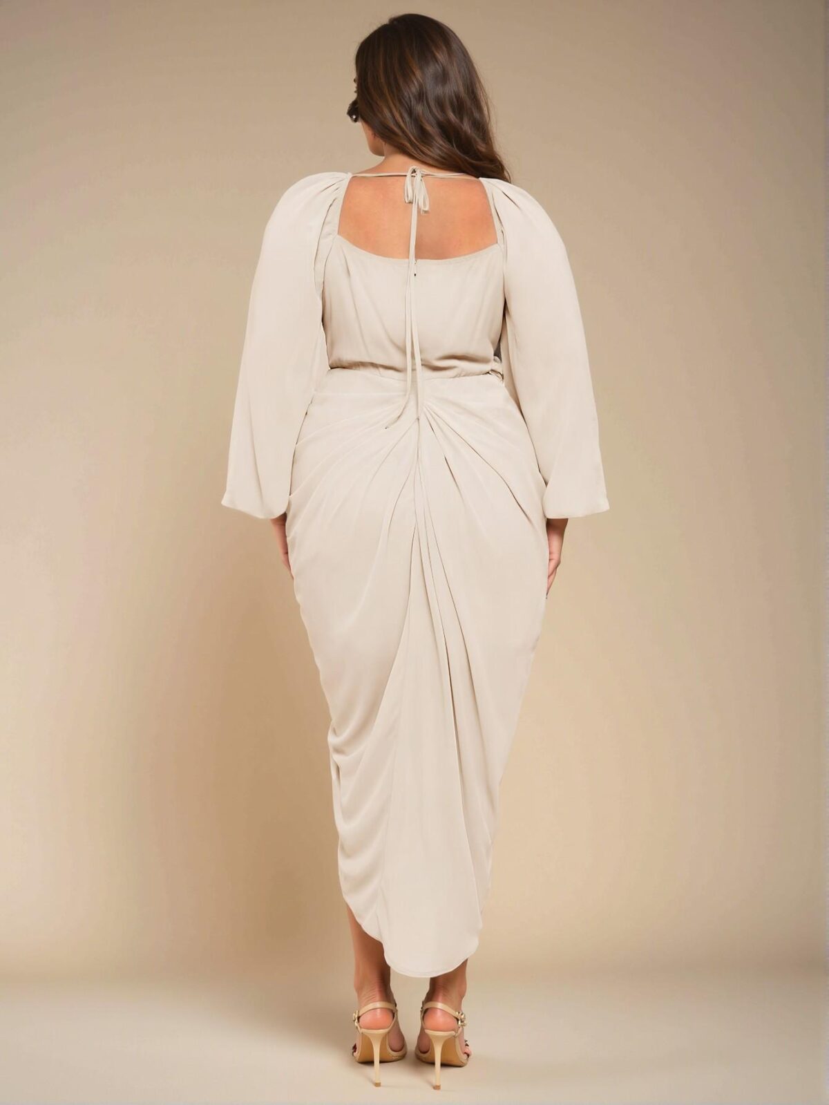 Elegant Apricot Plus Size Women's Glamorous Party Dress with Draped Neck, Ruched Design, and Asymmetrical Slit Hem - Chic, Classy and Trendy Fashion Style to Dress to Impress - Image 2