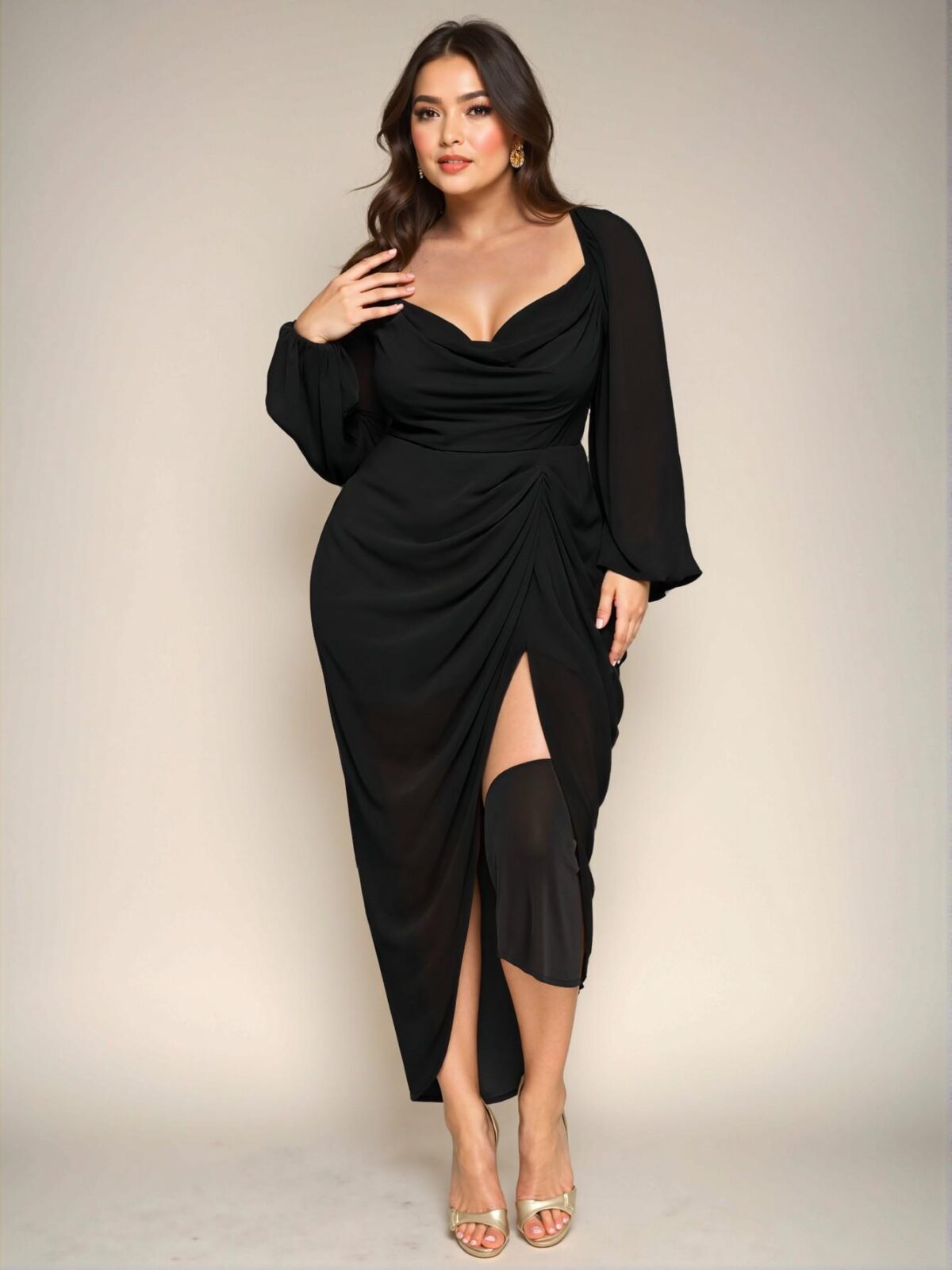 Elegant Pea Green Plus Size Glittering Sequin Draped Neck Ruched Asymmetrical Hem Dress with Long Sleeves - Chic, Classy and Trendy Fashion Style to Dress to Impress