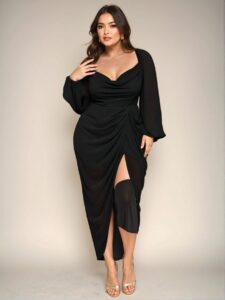 Elegant Pea Green Plus Size Glittering Sequin Draped Neck Ruched Asymmetrical Hem Dress with Long Sleeves - Chic, Classy and Trendy Fashion Style to Dress to Impress