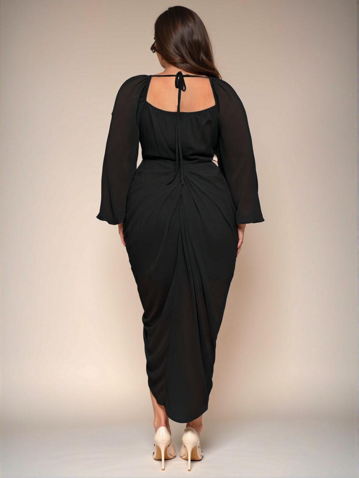 Elegant Pea Green Plus Size Glittering Sequin Draped Neck Ruched Asymmetrical Hem Dress with Long Sleeves - Chic, Classy and Trendy Fashion Style to Dress to Impress - Image 2