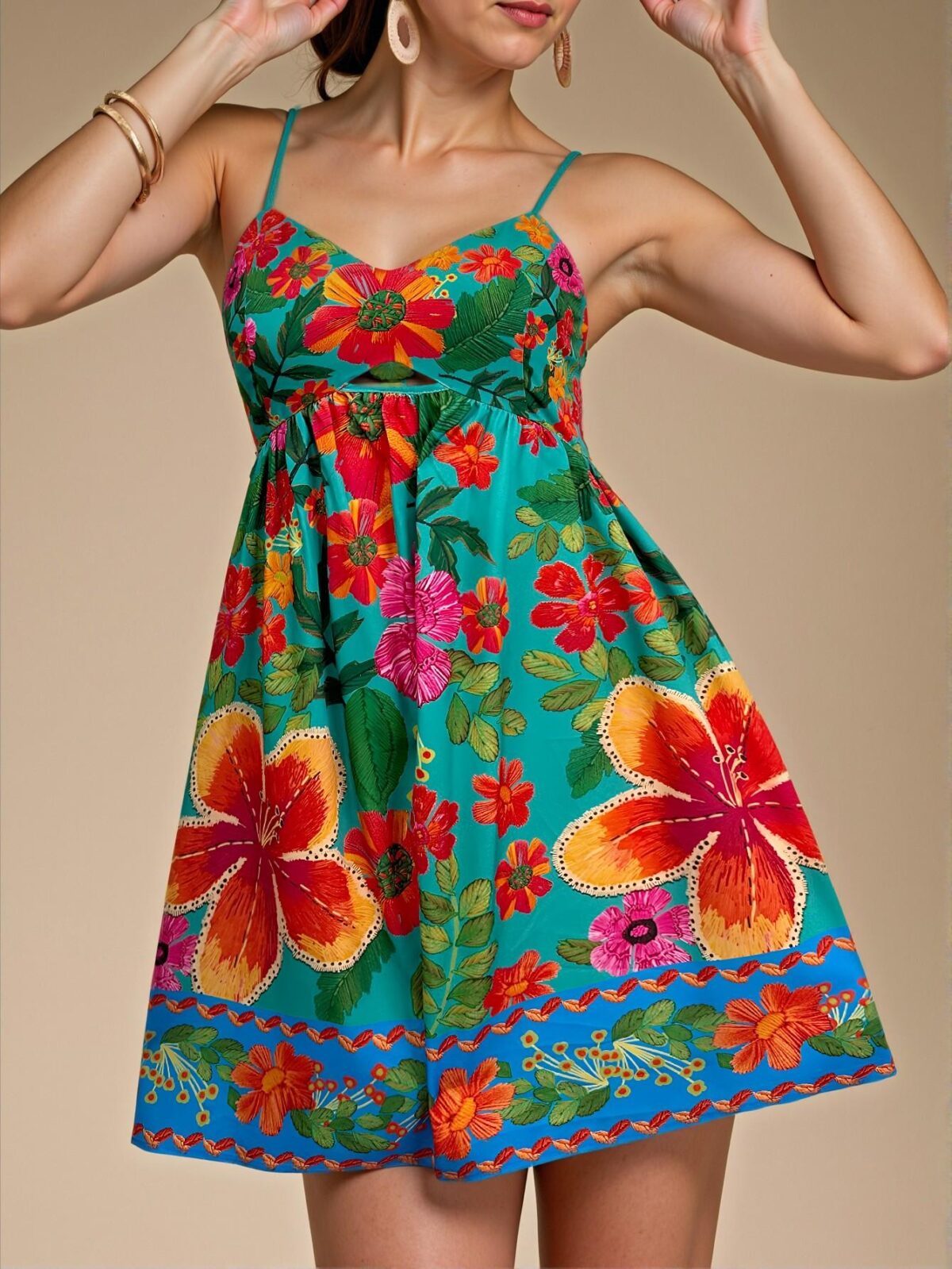 Elegant Lime Green Bohemian Floral Spaghetti Strap Mini Dress Perfect for Beach Vacations, Spring Break, Concerts, and Music Festivals - Chic, Classy and Trendy Fashion Style to Dress to Impress
