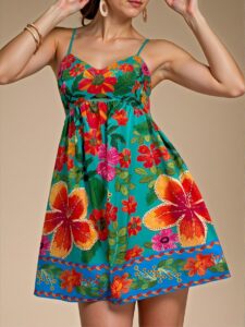 Elegant Lime Green Bohemian Floral Spaghetti Strap Mini Dress Perfect for Beach Vacations, Spring Break, Concerts, and Music Festivals - Chic, Classy and Trendy Fashion Style to Dress to Impress