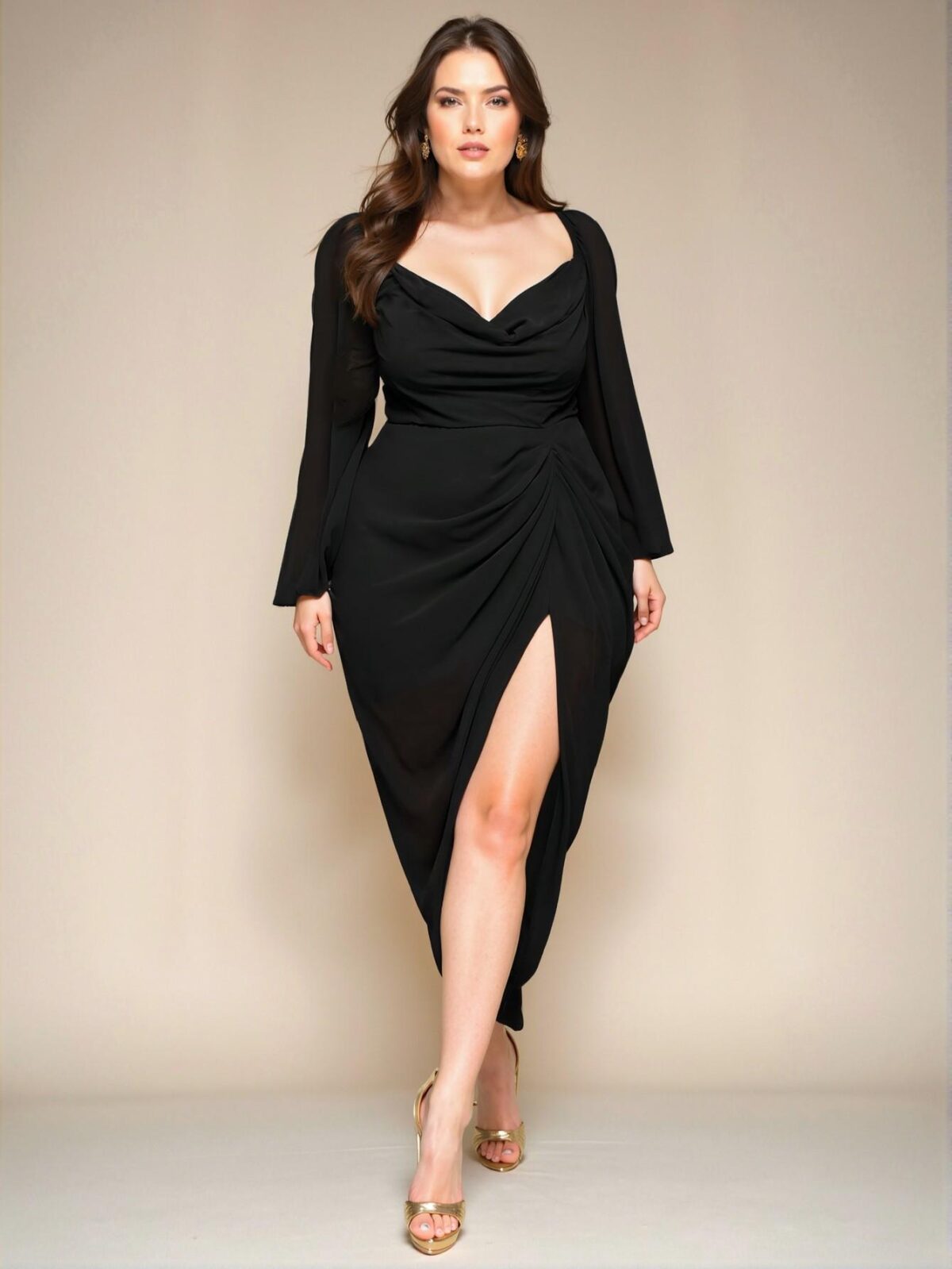 Elegant Pea Green Plus Size Glittering Sequin Draped Neck Ruched Asymmetrical Hem Dress with Long Sleeves - Chic, Classy and Trendy Fashion Style to Dress to Impress - Image 4