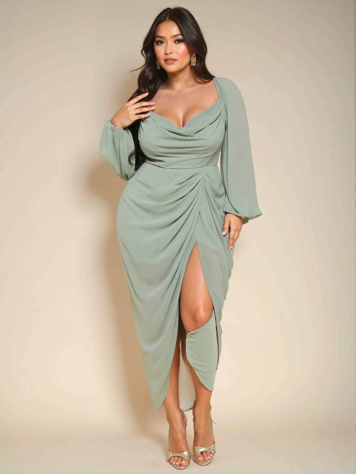 Elegant Green Bodycon Ruched Cowl Neck Dress with Asymmetrical Hem and Long Sleeves - Chic, Classy and Trendy Fashion Style to Dress to Impress