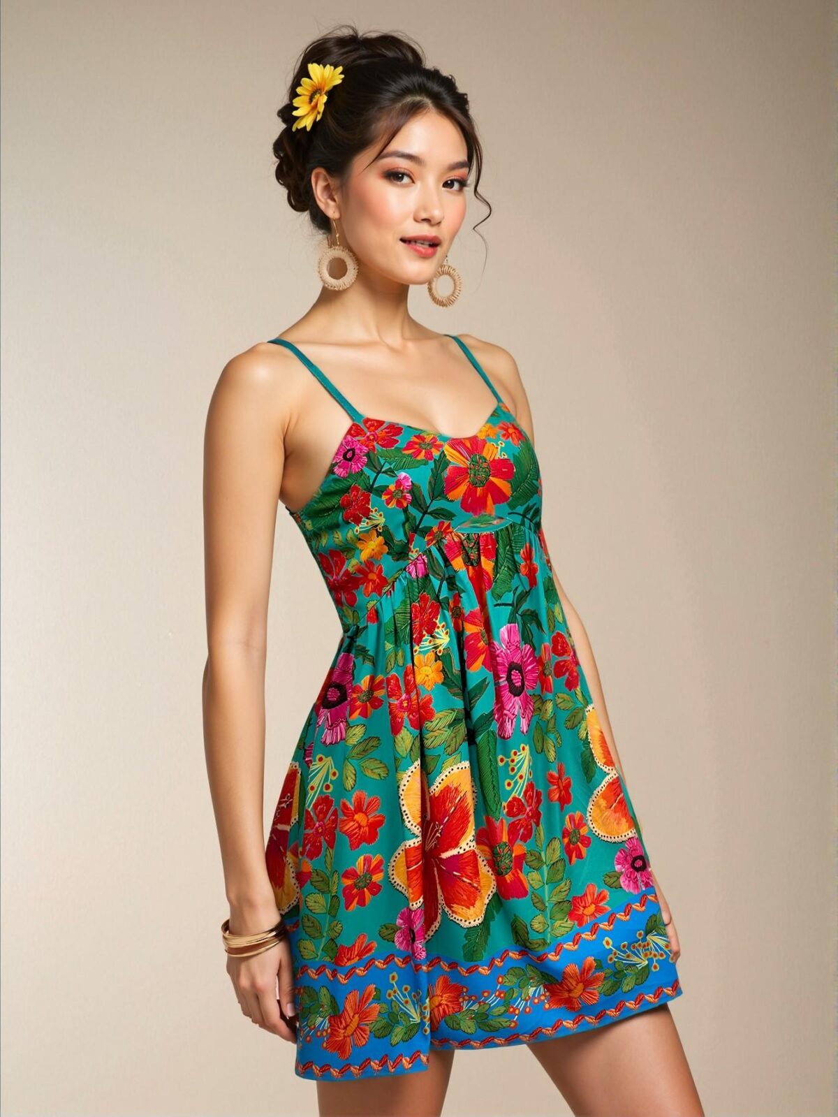 Elegant Lime Green Bohemian Floral Spaghetti Strap Mini Dress Perfect for Beach Vacations, Spring Break, Concerts, and Music Festivals - Chic, Classy and Trendy Fashion Style to Dress to Impress - Image 4
