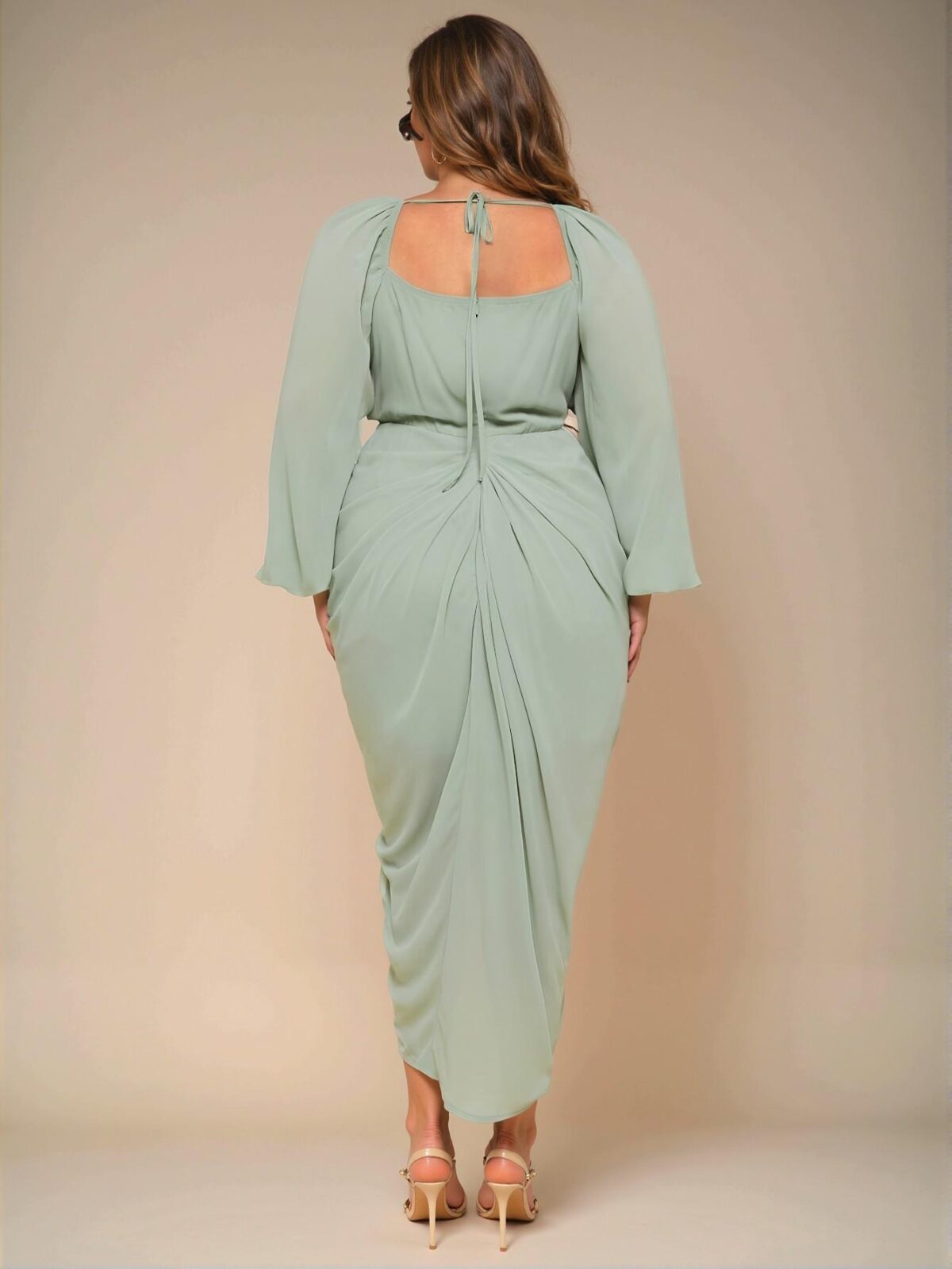 Elegant Green Bodycon Ruched Cowl Neck Dress with Asymmetrical Hem and Long Sleeves - Chic, Classy and Trendy Fashion Style to Dress to Impress - Image 2