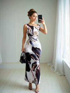 Elegant Multicolor Fitted Floral Print Dress with Oblique Shoulder and Waist Cinched Design for Spring and Summer - Chic, Classy and Trendy Fashion Style to Dress to Impress