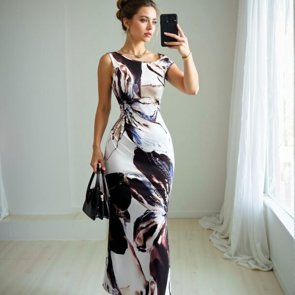 Elegant Multicolor Fitted Floral Print Dress with Oblique Shoulder and Waist Cinched Design for Spring and Summer - Chic, Classy and Trendy Fashion Style to Dress to Impress