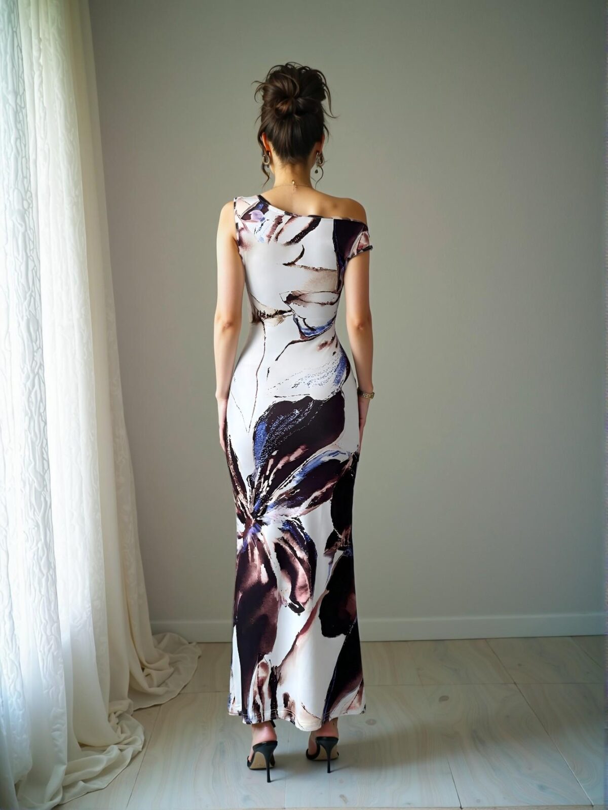 Elegant Multicolor Fitted Floral Print Dress with Oblique Shoulder and Waist Cinched Design for Spring and Summer - Chic, Classy and Trendy Fashion Style to Dress to Impress - Image 2