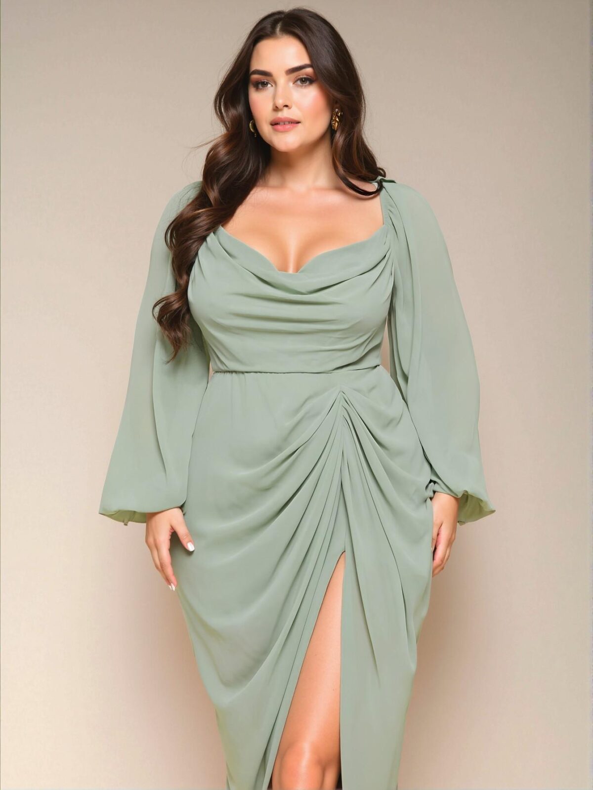 Elegant Green Bodycon Ruched Cowl Neck Dress with Asymmetrical Hem and Long Sleeves - Chic, Classy and Trendy Fashion Style to Dress to Impress - Image 5