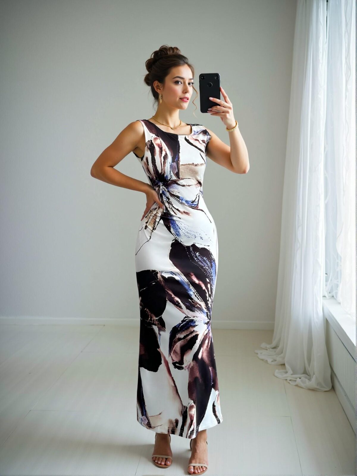 Elegant Multicolor Fitted Floral Print Dress with Oblique Shoulder and Waist Cinched Design for Spring and Summer - Chic, Classy and Trendy Fashion Style to Dress to Impress - Image 3