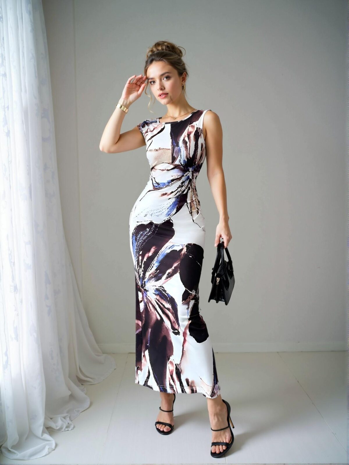 Elegant Multicolor Fitted Floral Print Dress with Oblique Shoulder and Waist Cinched Design for Spring and Summer - Chic, Classy and Trendy Fashion Style to Dress to Impress - Image 4