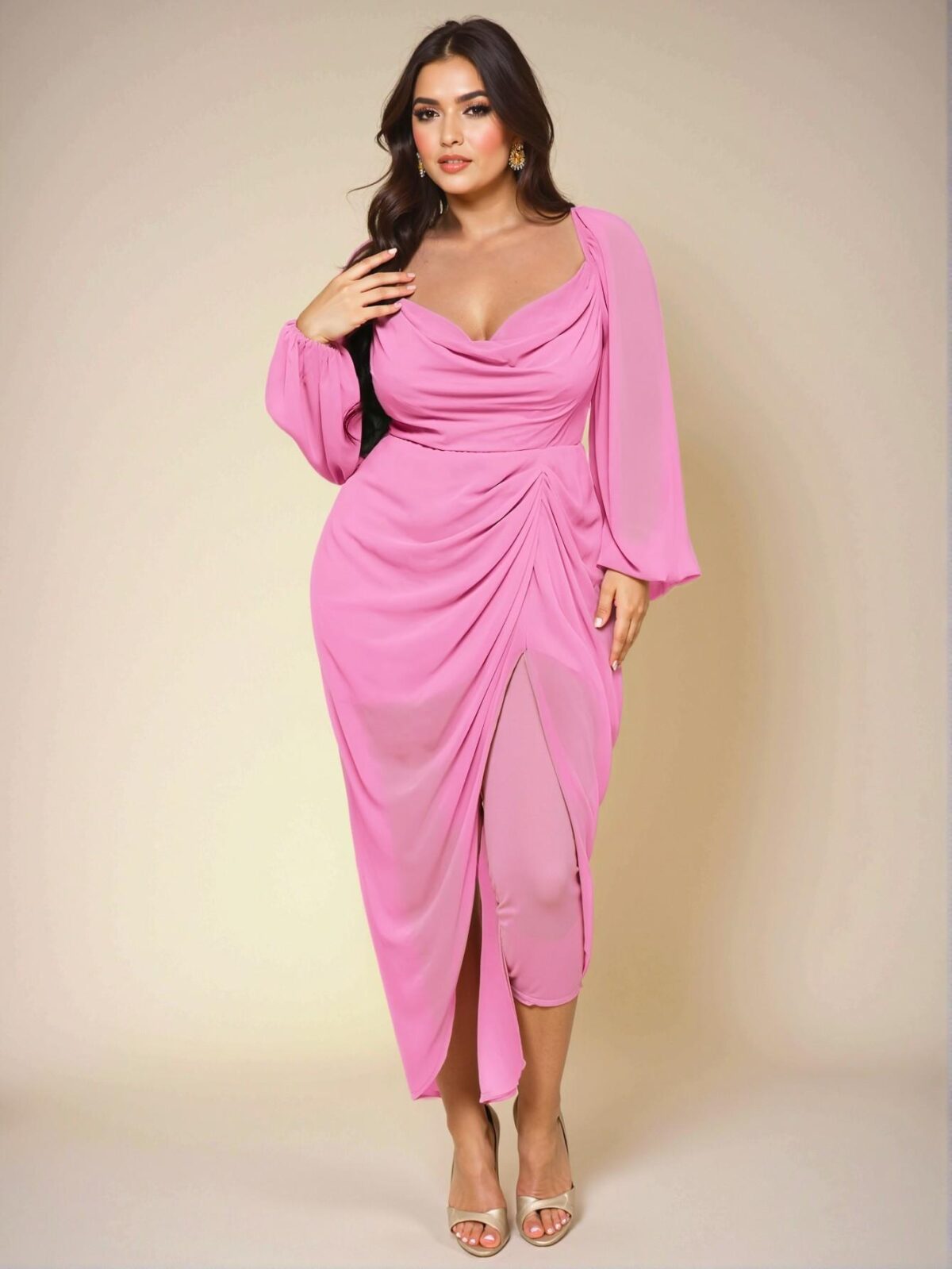 Elegant Mint Green Glitter Sequined Draped Neck Ruched Asymmetrical Hem Slit Dress with Long Sleeves - Chic, Classy and Trendy Fashion Style to Dress to Impress
