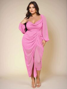 Elegant Mint Green Glitter Sequined Draped Neck Ruched Asymmetrical Hem Slit Dress with Long Sleeves - Chic, Classy and Trendy Fashion Style to Dress to Impress