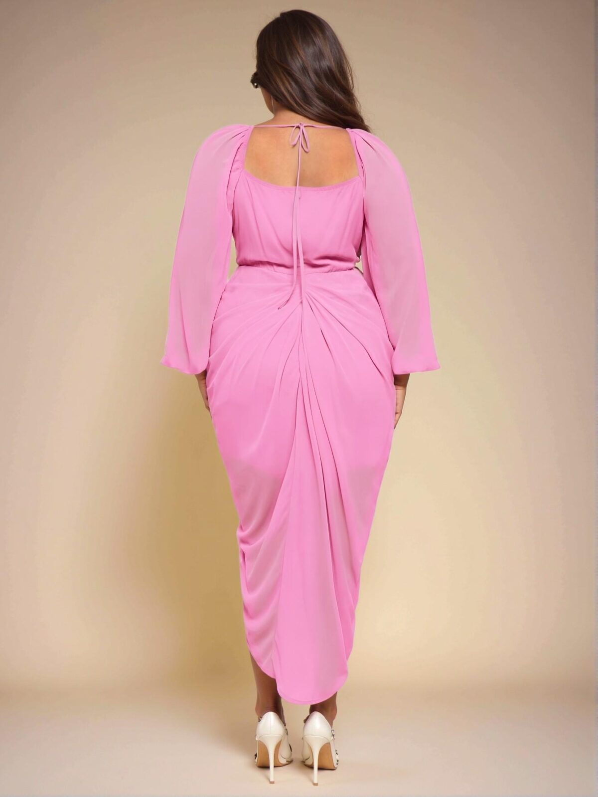 Elegant Mint Green Glitter Sequined Draped Neck Ruched Asymmetrical Hem Slit Dress with Long Sleeves - Chic, Classy and Trendy Fashion Style to Dress to Impress - Image 2