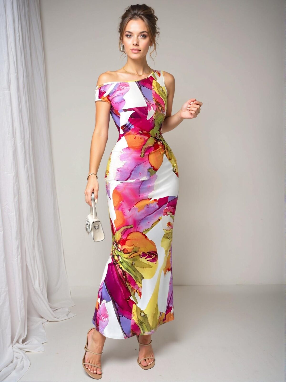 Elegant Multicolor Asymmetrical Floral Print Fitted Dress with Cinched Waist for Spring and Summer - Chic, Classy and Trendy Fashion Style to Dress to Impress