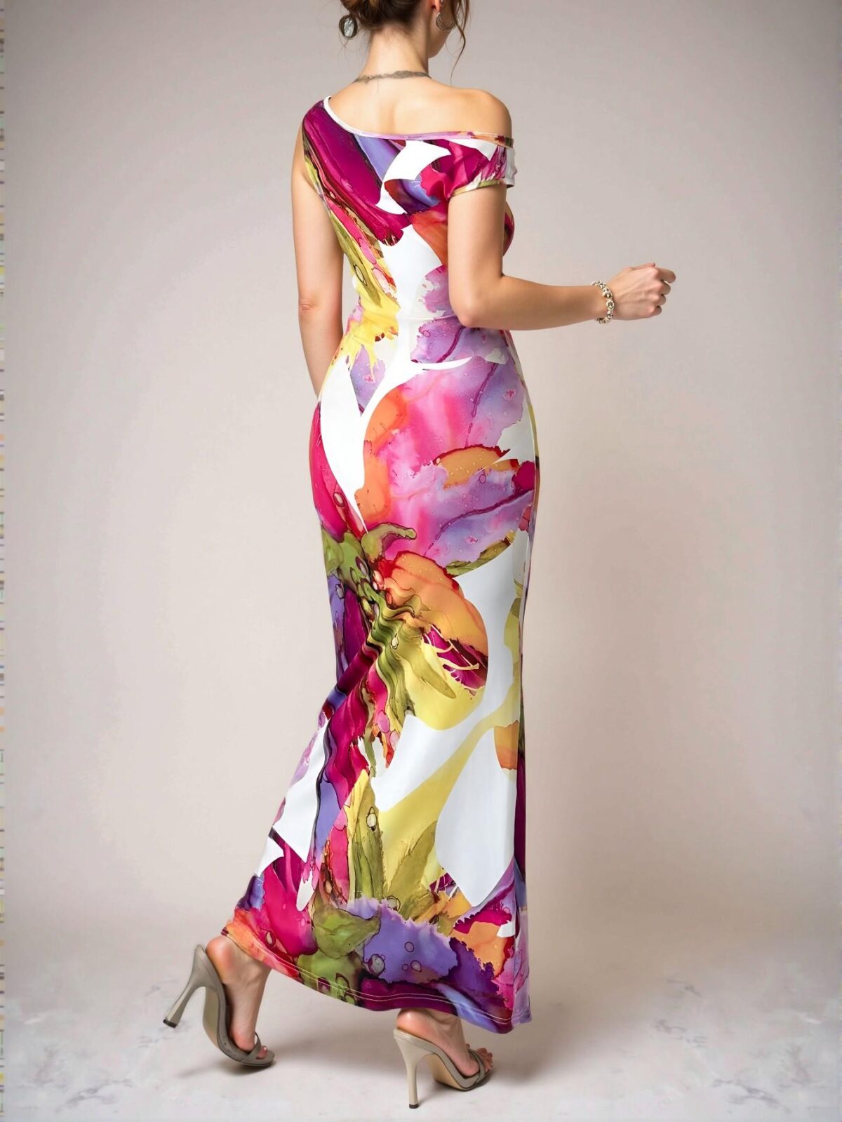 Elegant Multicolor Asymmetrical Floral Print Fitted Dress with Cinched Waist for Spring and Summer - Chic, Classy and Trendy Fashion Style to Dress to Impress - Image 2