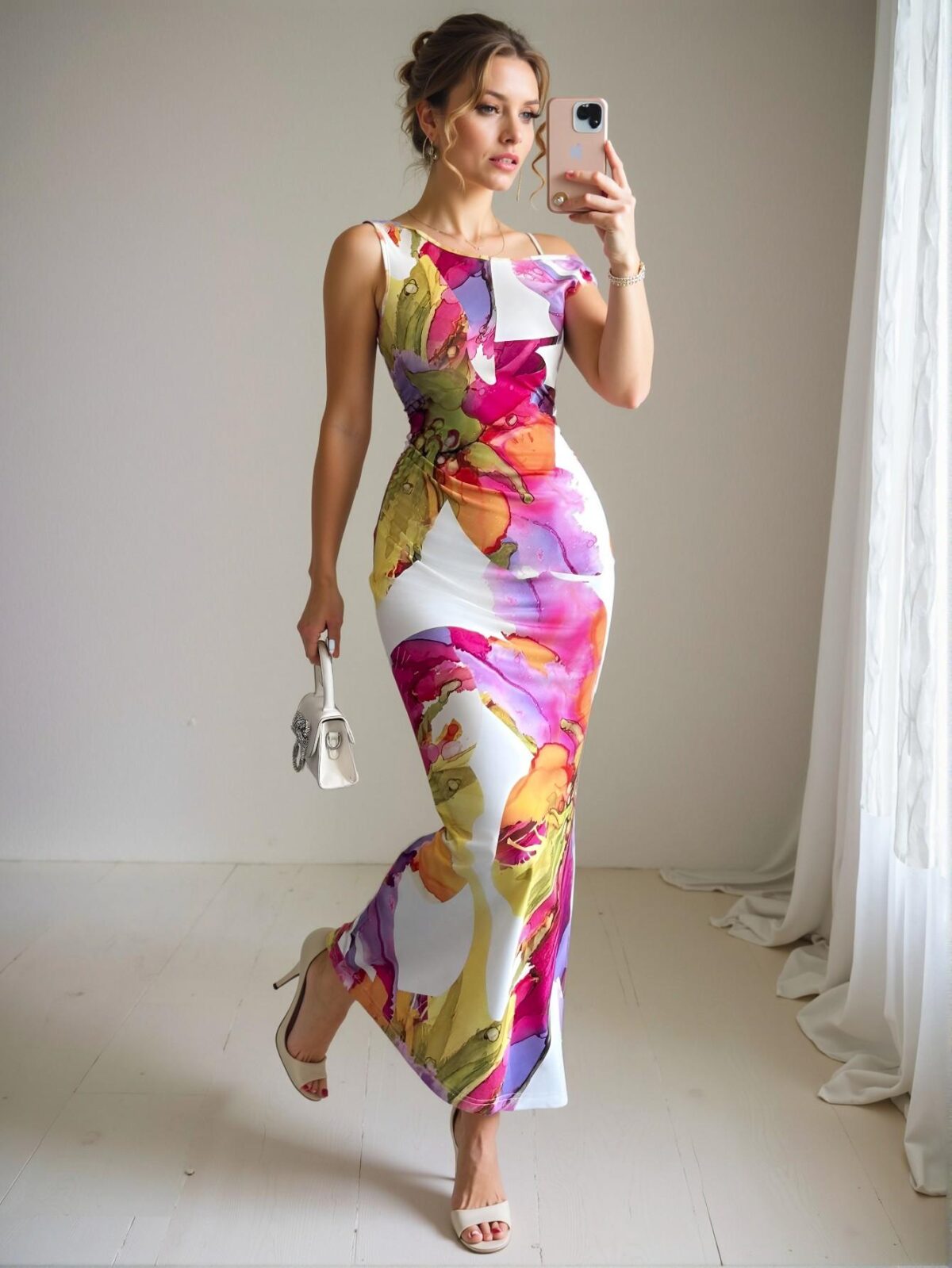 Elegant Multicolor Asymmetrical Floral Print Fitted Dress with Cinched Waist for Spring and Summer - Chic, Classy and Trendy Fashion Style to Dress to Impress - Image 3