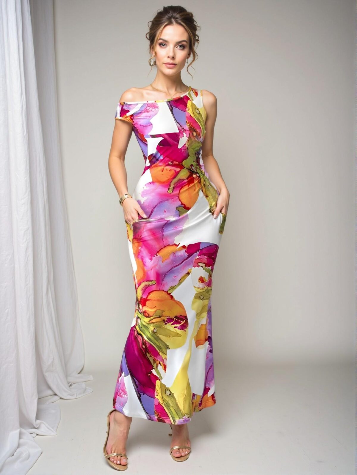 Elegant Multicolor Asymmetrical Floral Print Fitted Dress with Cinched Waist for Spring and Summer - Chic, Classy and Trendy Fashion Style to Dress to Impress - Image 4