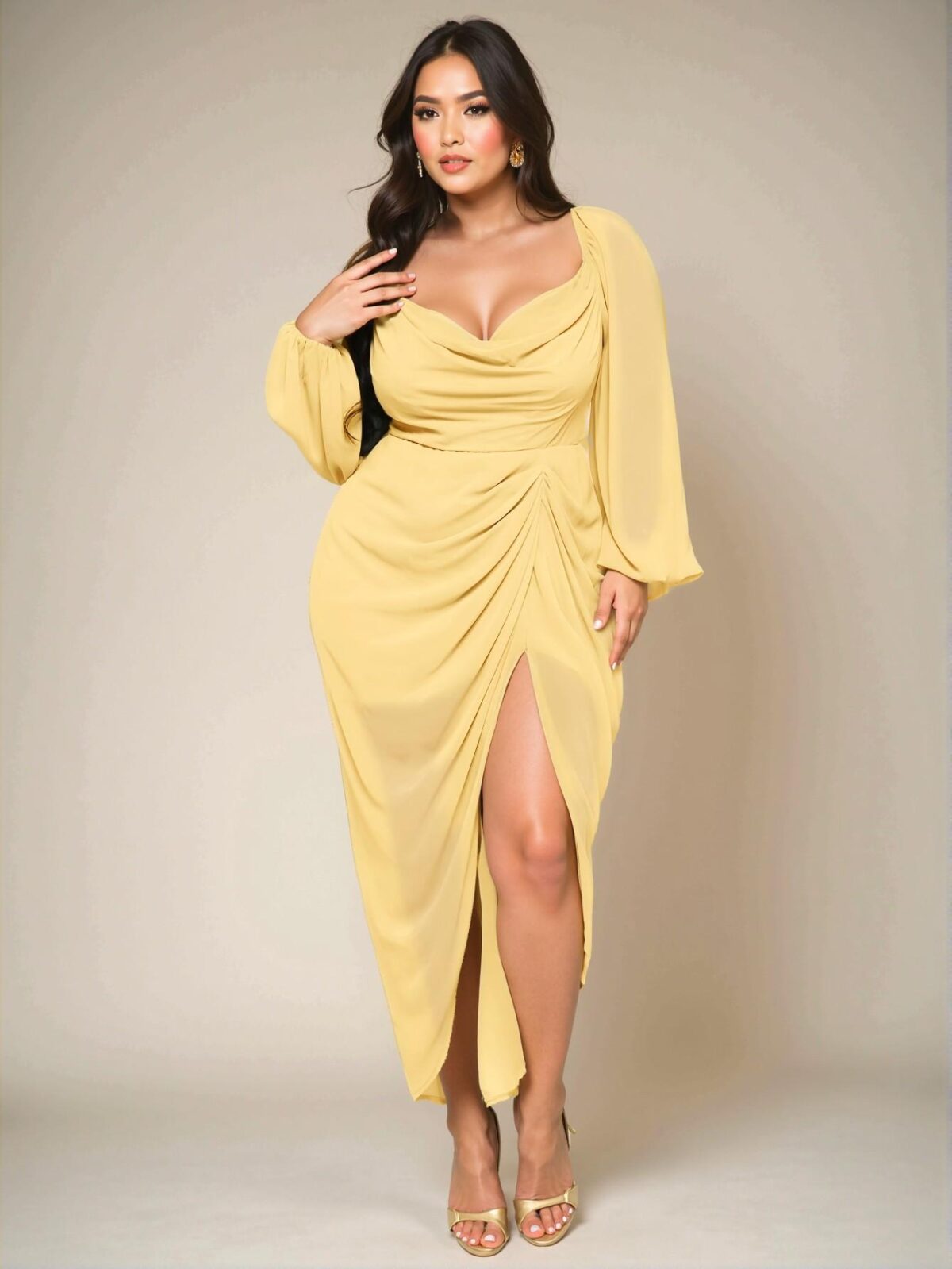 Elegant Olive Green Plus Size Women's Stylish Party Dress with Glamorous Glitter Sequins, Draped Neck, and Asymmetrical Hem - Chic, Classy, and Trendy Fashion Style to Dress to Impress