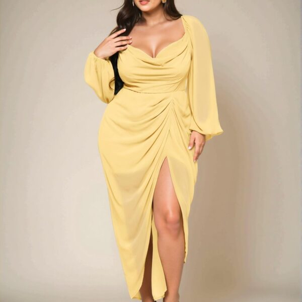 Elegant Olive Green Plus Size Women's Stylish Party Dress with Glamorous Glitter Sequins, Draped Neck, and Asymmetrical Hem - Chic, Classy, and Trendy Fashion Style to Dress to Impress