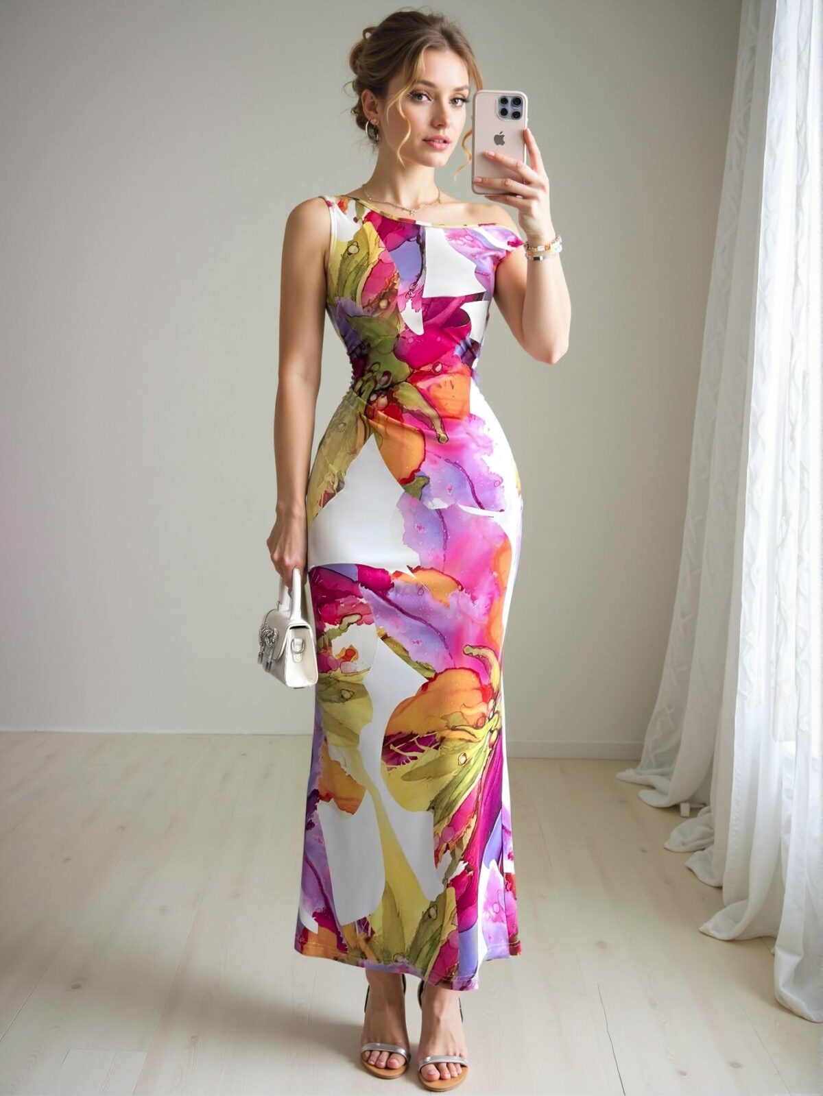 Elegant Multicolor Asymmetrical Floral Print Fitted Dress with Cinched Waist for Spring and Summer - Chic, Classy and Trendy Fashion Style to Dress to Impress - Image 5