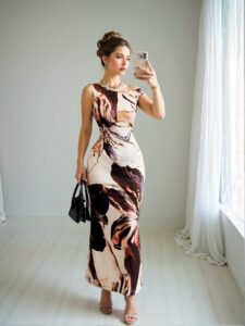 Elegant Multicolor Stylish Spring and Summer Waist-Cinched Fitted Printed Design Dress with Asymmetrical Neckline, Chic, Classy and Trendy Fashion Style to Dress to Impress