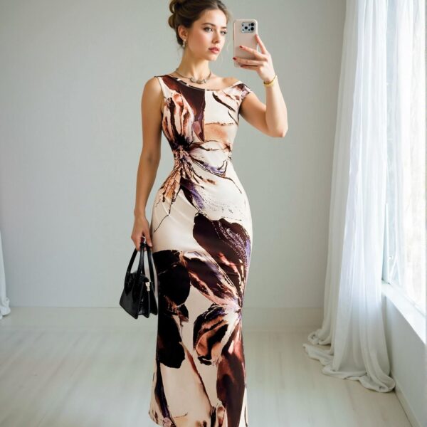 Elegant Multicolor Stylish Spring and Summer Waist-Cinched Fitted Printed Design Dress with Asymmetrical Neckline, Chic, Classy and Trendy Fashion Style to Dress to Impress