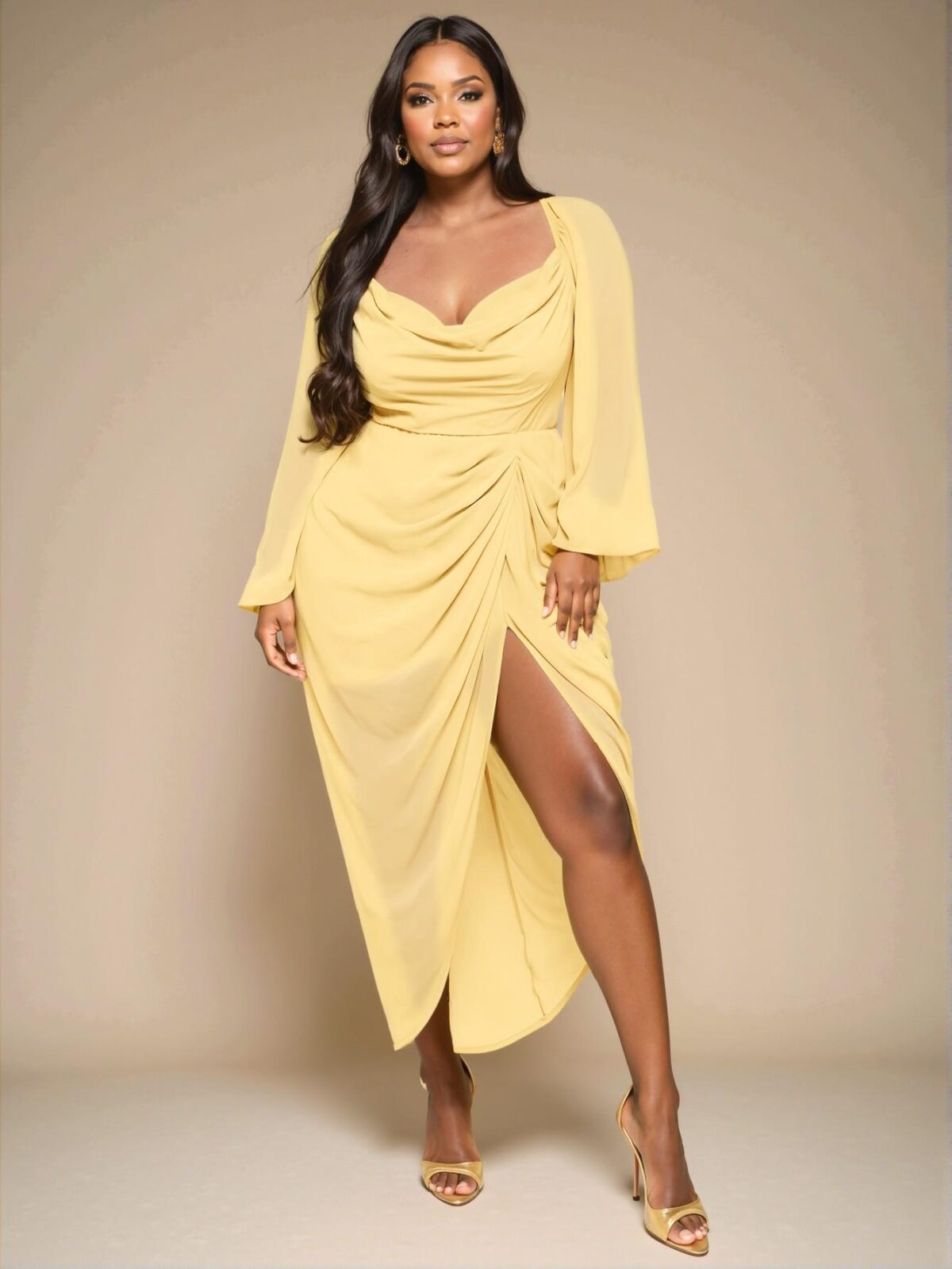Elegant Olive Green Plus Size Women's Stylish Party Dress with Glamorous Glitter Sequins, Draped Neck, and Asymmetrical Hem - Chic, Classy, and Trendy Fashion Style to Dress to Impress - Image 5