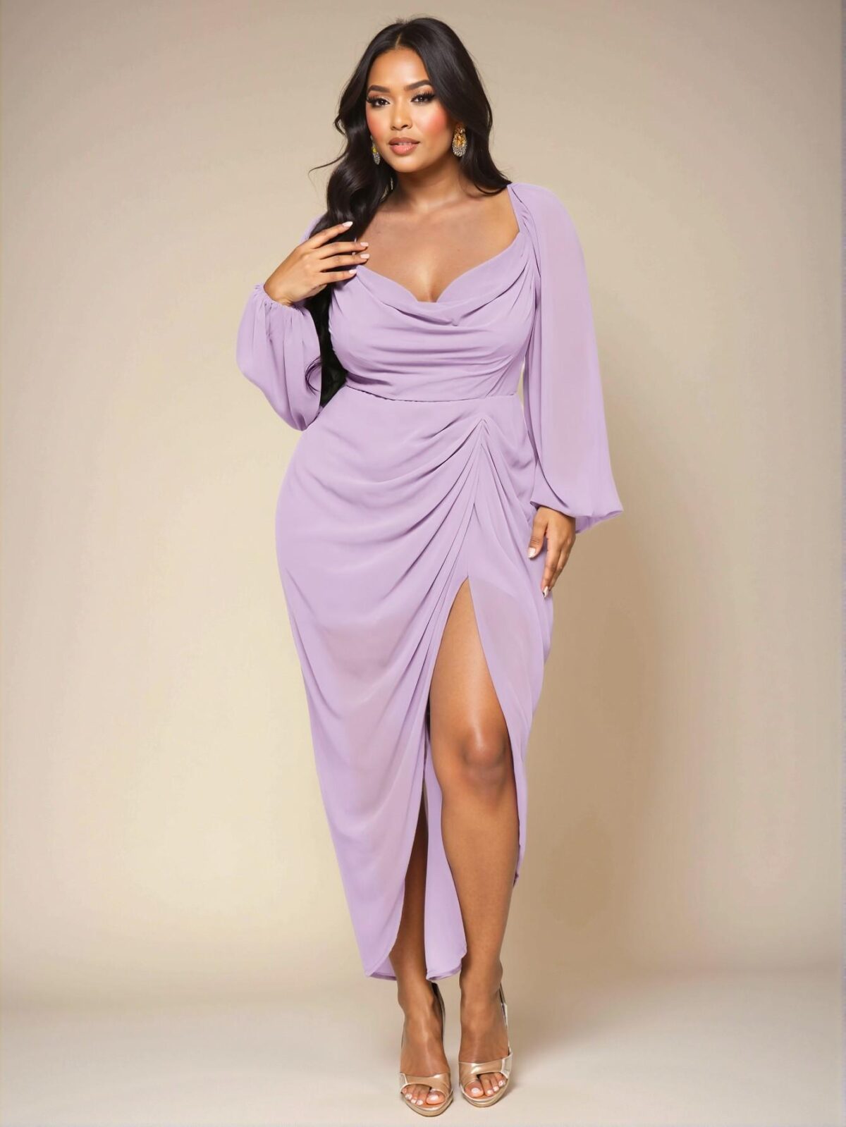 Elegant Mauve Purple Glitter Sequins Draped Neck Ruched Asymmetrical Hem Slit Dress with Long Sleeves for a Chic, Classy and Trendy Fashion Style to Dress to Impress