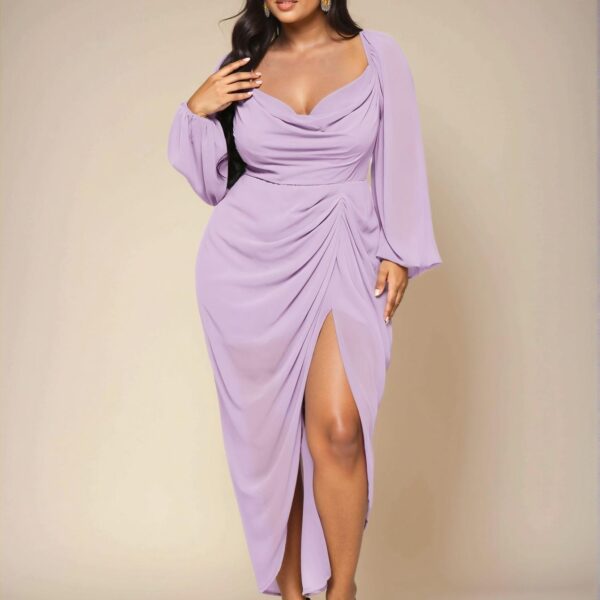 Elegant Mauve Purple Glitter Sequins Draped Neck Ruched Asymmetrical Hem Slit Dress with Long Sleeves for a Chic, Classy and Trendy Fashion Style to Dress to Impress