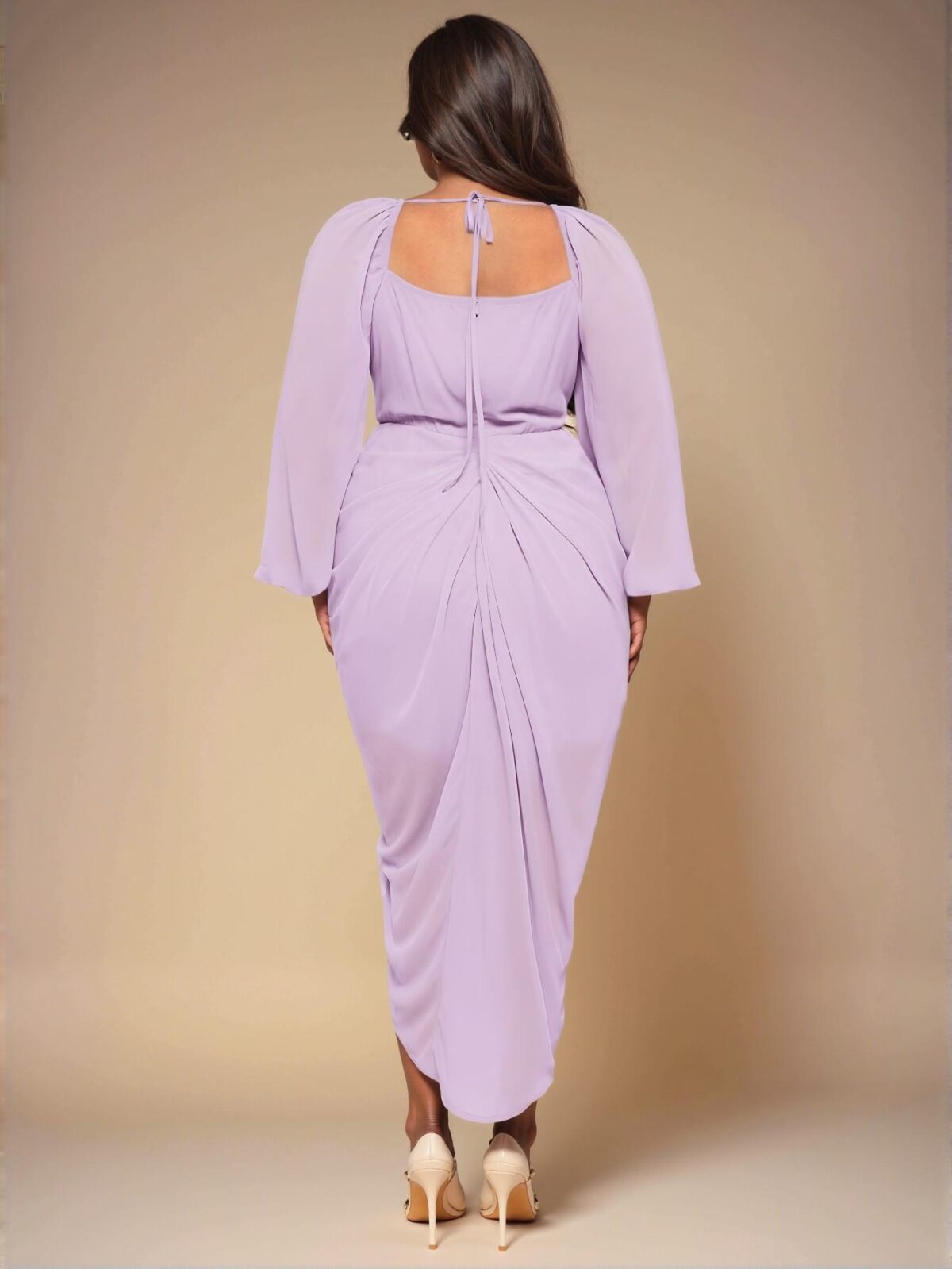 Elegant Mauve Purple Glitter Sequins Draped Neck Ruched Asymmetrical Hem Slit Dress with Long Sleeves for a Chic, Classy and Trendy Fashion Style to Dress to Impress - Image 2