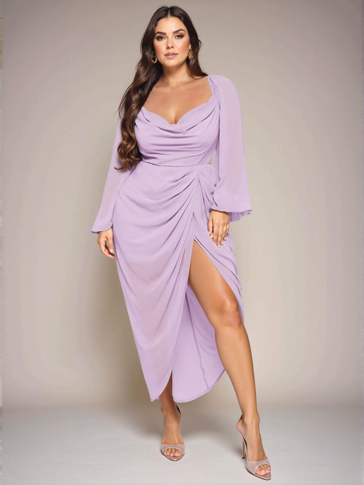 Elegant Mauve Purple Glitter Sequins Draped Neck Ruched Asymmetrical Hem Slit Dress with Long Sleeves for a Chic, Classy and Trendy Fashion Style to Dress to Impress - Image 5