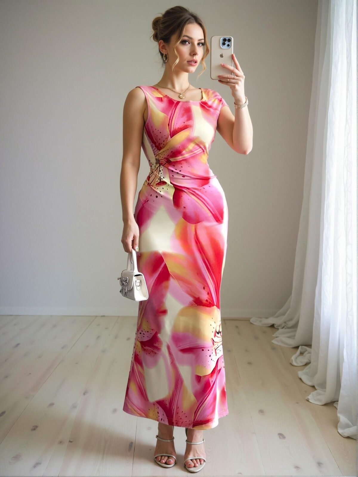 Elegant Multicolor Long Floral Print Slim Fit V-Neck Dress for Spring and Summer Chic, Classy and Trendy Fashion Style to Dress to Impress