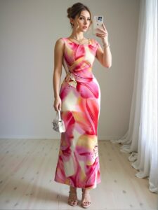 Elegant Multicolor Long Floral Print Slim Fit V-Neck Dress for Spring and Summer Chic, Classy and Trendy Fashion Style to Dress to Impress