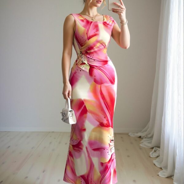 Elegant Multicolor Long Floral Print Slim Fit V-Neck Dress for Spring and Summer Chic, Classy and Trendy Fashion Style to Dress to Impress