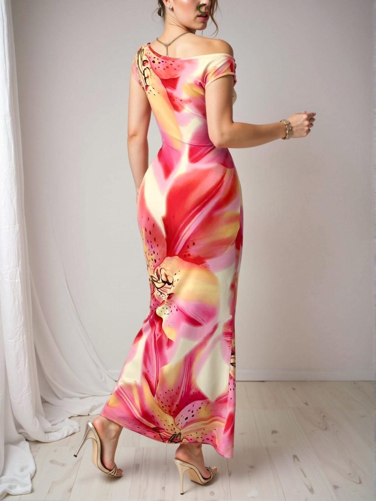 Elegant Multicolor Long Floral Print Slim Fit V-Neck Dress for Spring and Summer Chic, Classy and Trendy Fashion Style to Dress to Impress - Image 2