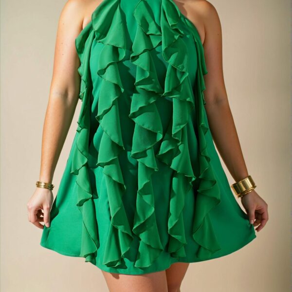 Elegant Green Playful Ruffle Hem and Tassel A-Line Sleeveless Mini Dress for a Dreamy Vacation Look - Chic, Classy and Trendy Fashion Style to Dress to Impress