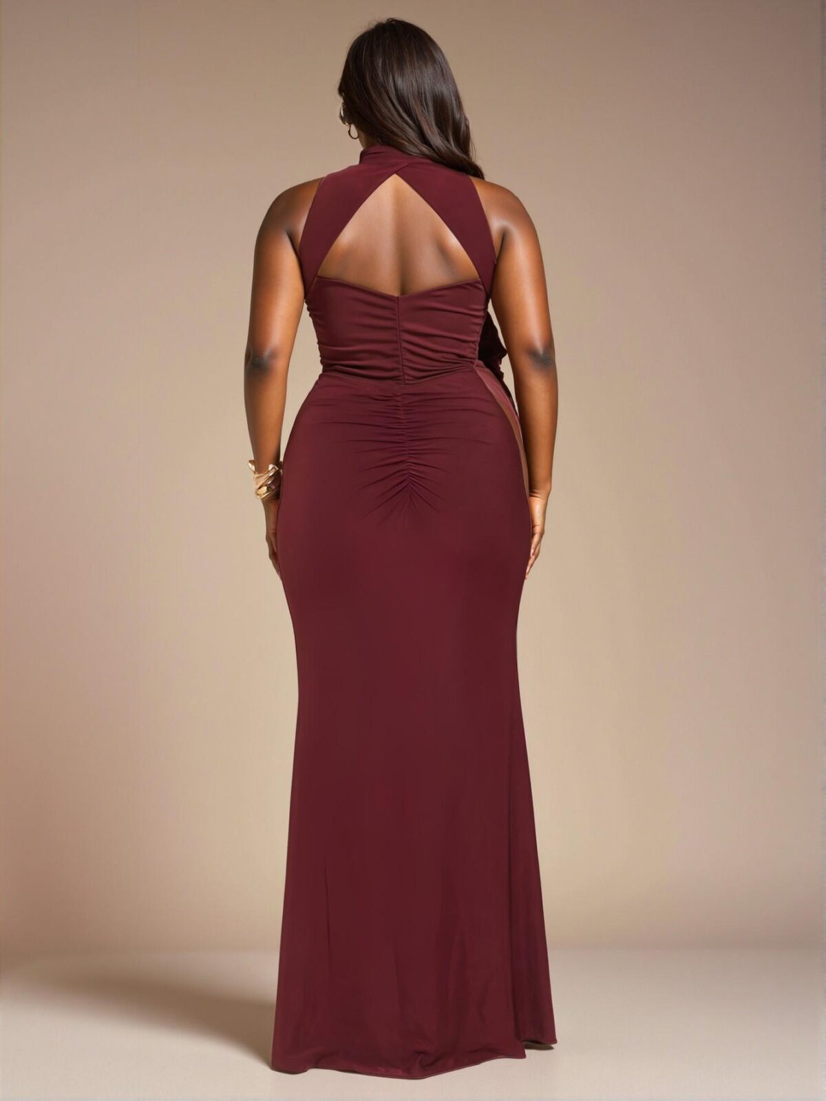 Elegant Burgundy Bodycon Mermaid Maxi Dress with Twist and Ruched Details for Summer Beach Vacations, Concerts, and Parties - Chic, Classy and Trendy Fashion Style to Dress to Impress - Image 2