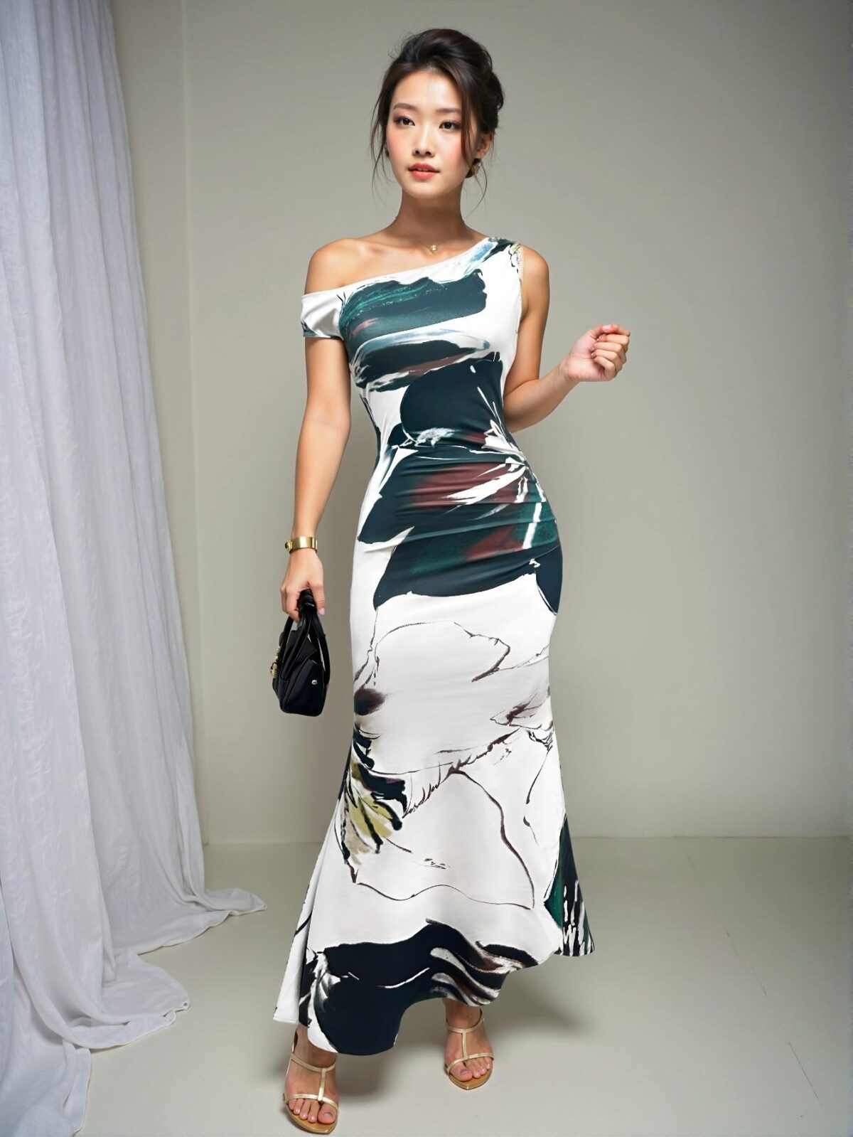 Elegant Green Asymmetrical Neckline Mermaid Dress with Floral Print for the Spring/Summer Season – Chic, Classy and Trendy Fashion Style to Dress to Impress