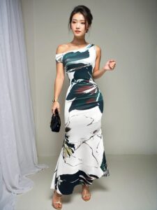 Elegant Green Asymmetrical Neckline Mermaid Dress with Floral Print for the Spring/Summer Season – Chic, Classy and Trendy Fashion Style to Dress to Impress