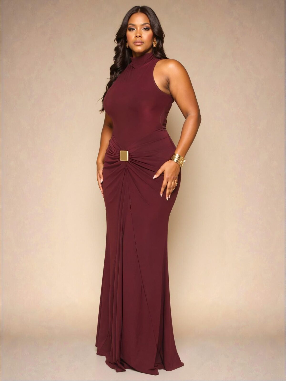 Elegant Burgundy Bodycon Mermaid Maxi Dress with Twist and Ruched Details for Summer Beach Vacations, Concerts, and Parties - Chic, Classy and Trendy Fashion Style to Dress to Impress - Image 4