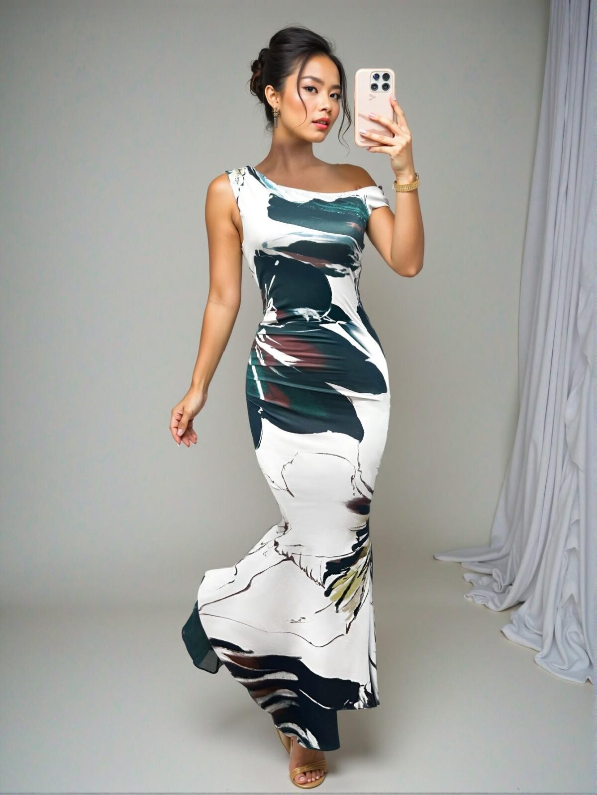 Elegant Green Asymmetrical Neckline Mermaid Dress with Floral Print for the Spring/Summer Season – Chic, Classy and Trendy Fashion Style to Dress to Impress - Image 3