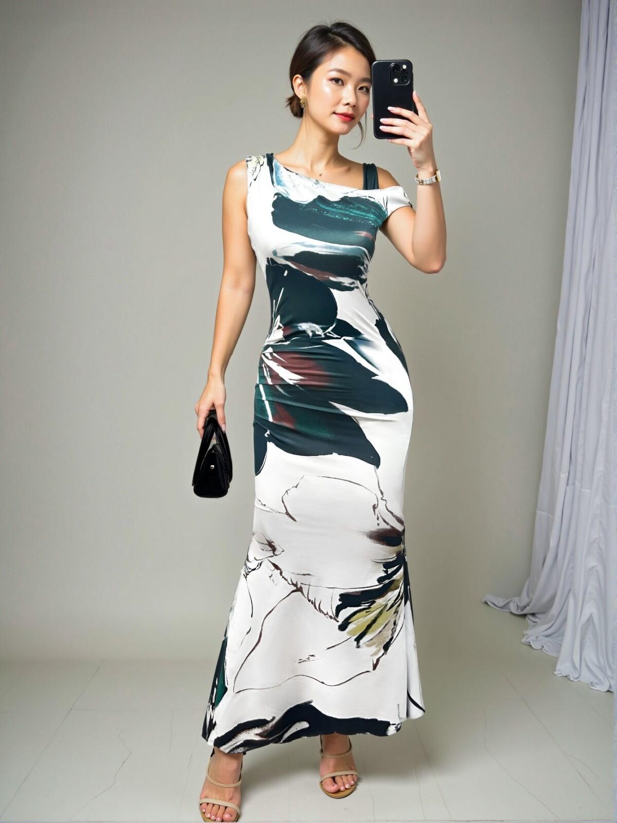 Elegant Green Asymmetrical Neckline Mermaid Dress with Floral Print for the Spring/Summer Season – Chic, Classy and Trendy Fashion Style to Dress to Impress - Image 4