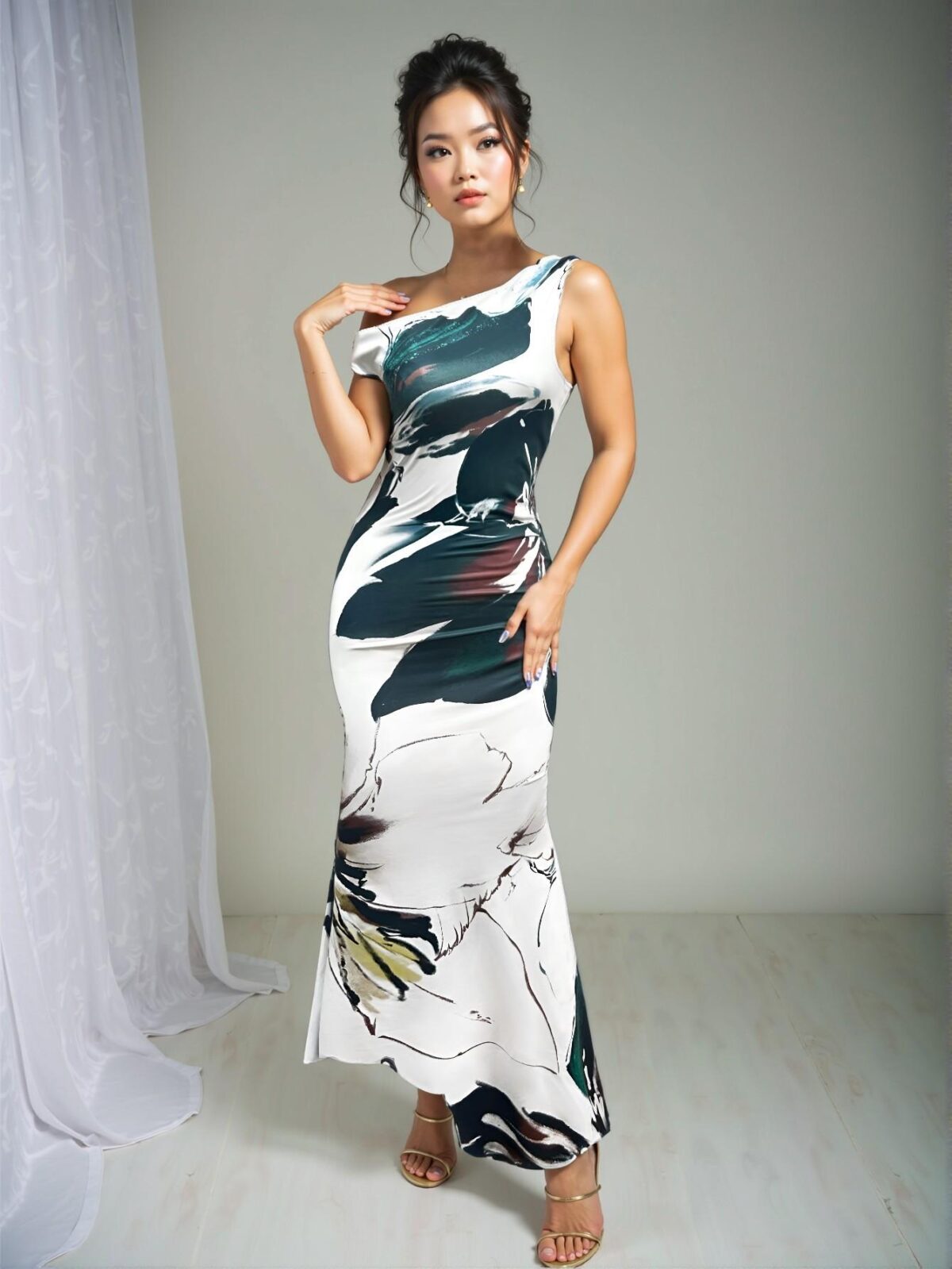 Elegant Green Asymmetrical Neckline Mermaid Dress with Floral Print for the Spring/Summer Season – Chic, Classy and Trendy Fashion Style to Dress to Impress - Image 5