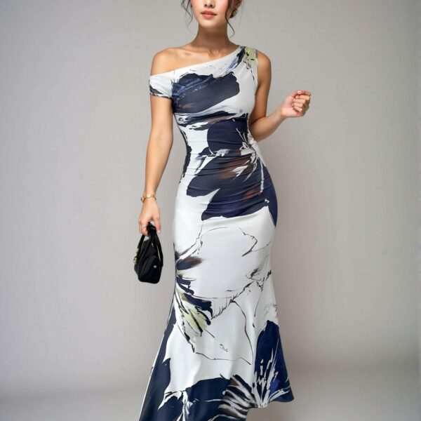 Elegant Multicolor Asymmetrical Neck Mermaid Dress with Ruffles, Stylish Attire for Summer Weddings, Perfect for Beach Celebrations - Chic, Classy and Trendy Fashion Style to Dress to Impress