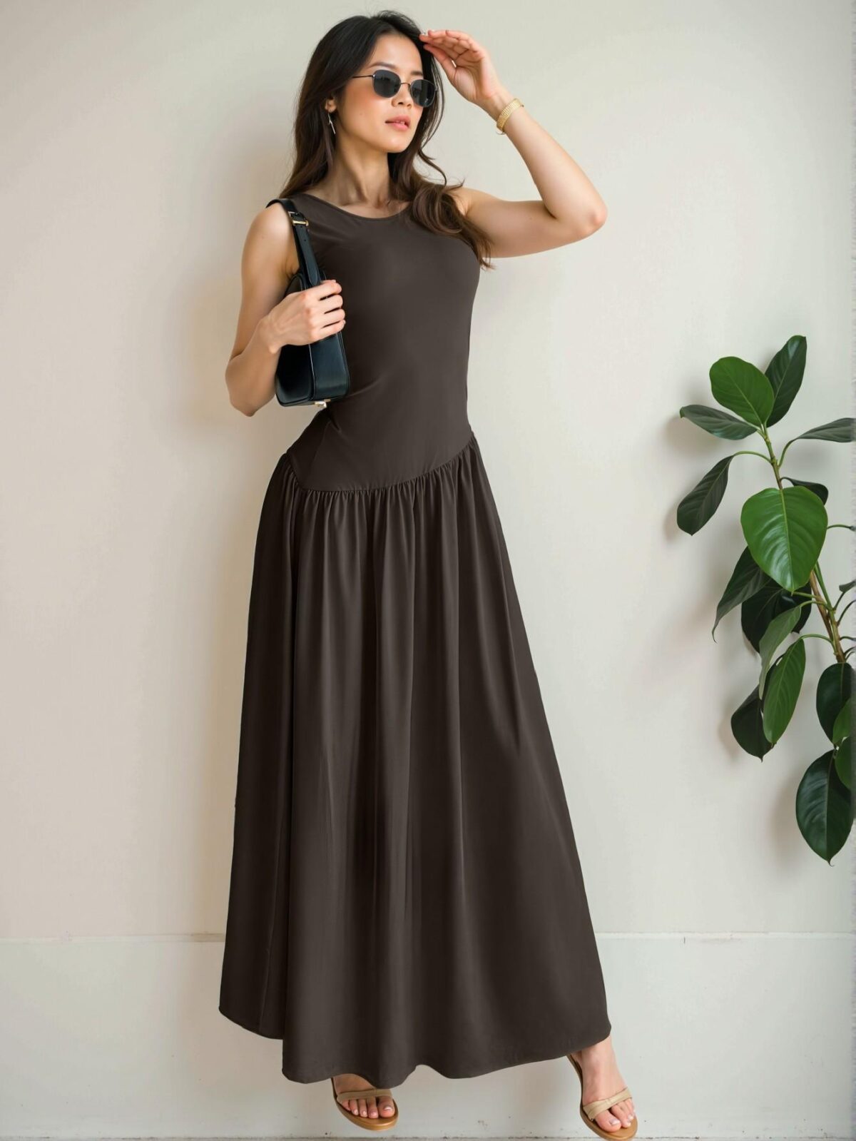 Elegant Coffee Brown Stylish A-Line Sleeveless Maxi Dress with Ruched Waist for Summer Events – Chic, Classy and Trendy Fashion Style to Dress to Impress - Image 2