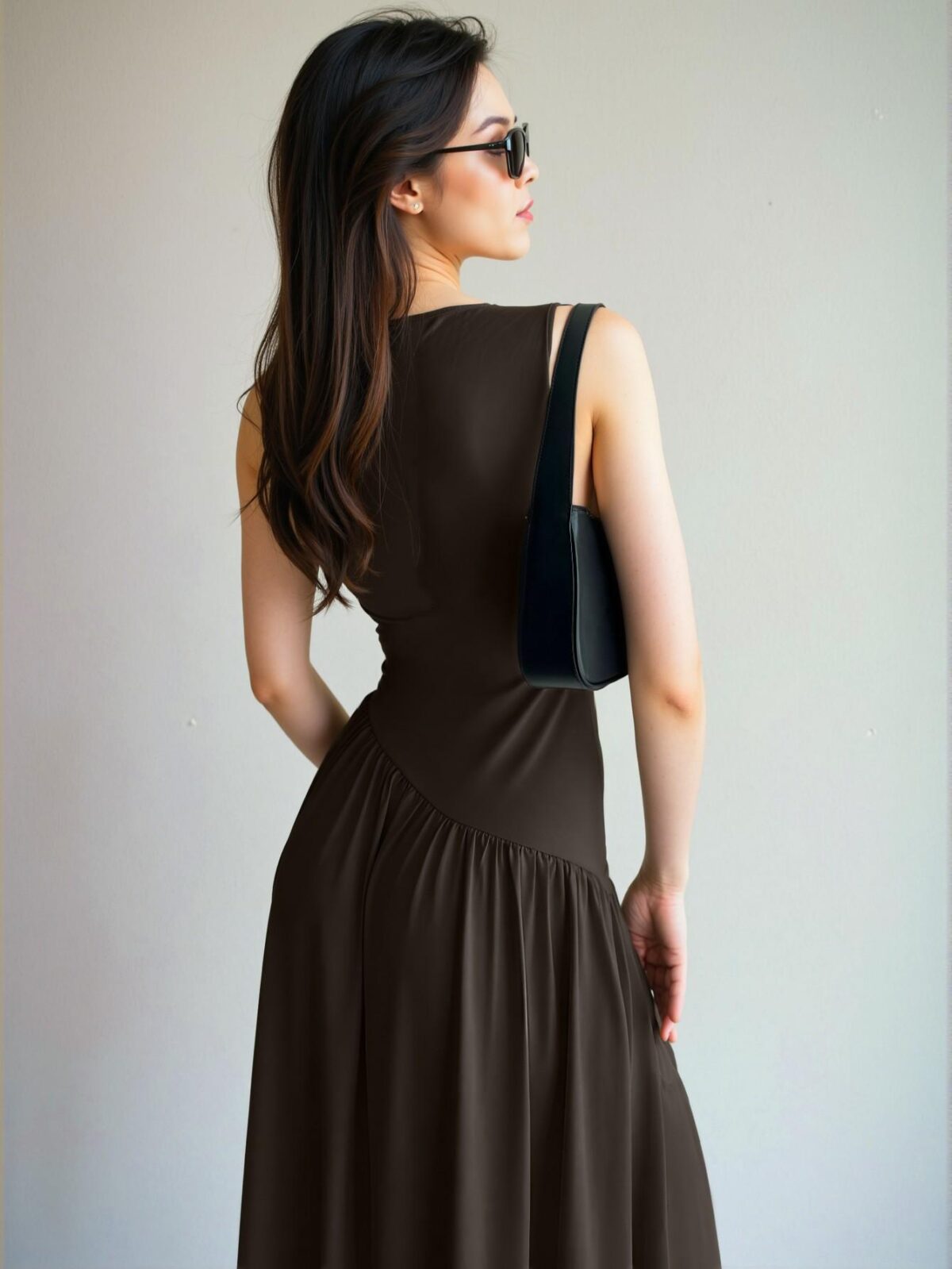 Elegant Coffee Brown Stylish A-Line Sleeveless Maxi Dress with Ruched Waist for Summer Events – Chic, Classy and Trendy Fashion Style to Dress to Impress - Image 3
