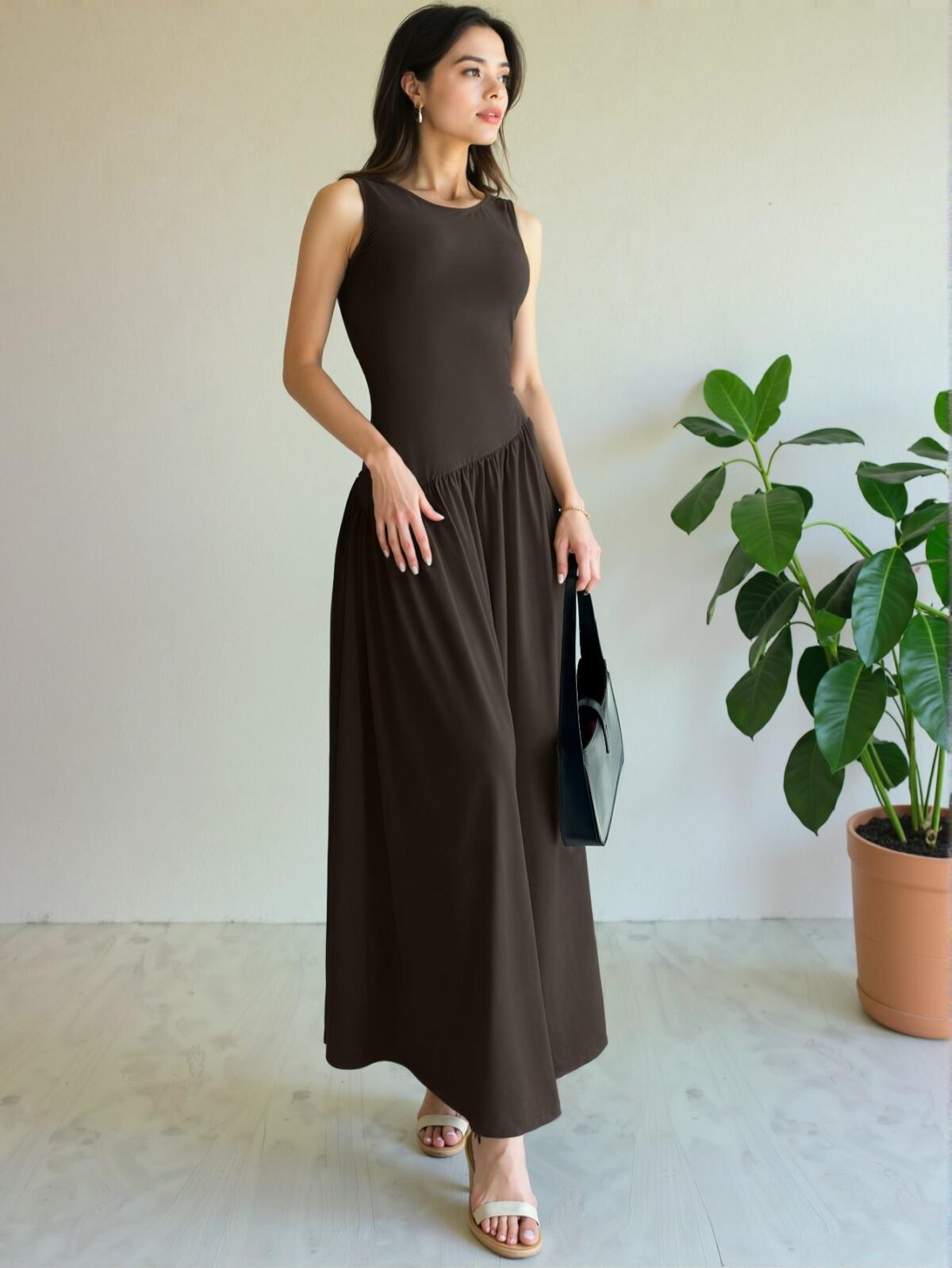 Elegant Coffee Brown Stylish A-Line Sleeveless Maxi Dress with Ruched Waist for Summer Events – Chic, Classy and Trendy Fashion Style to Dress to Impress - Image 4