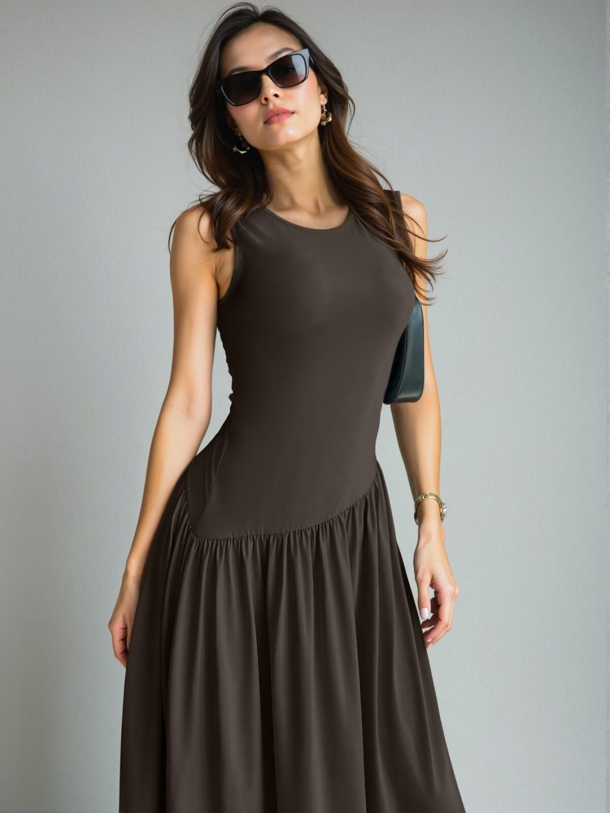 Elegant Coffee Brown Stylish A-Line Sleeveless Maxi Dress with Ruched Waist for Summer Events – Chic, Classy and Trendy Fashion Style to Dress to Impress - Image 5